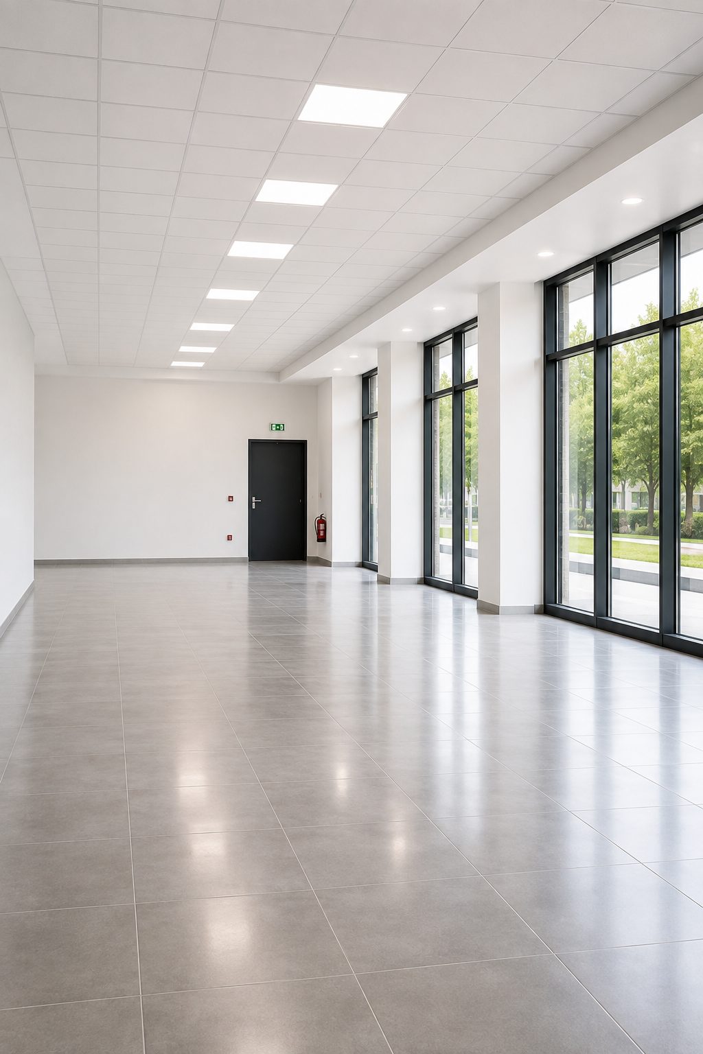 Hall d’accueil livré après remise en état, sols dégagés et vitrages nettoyés