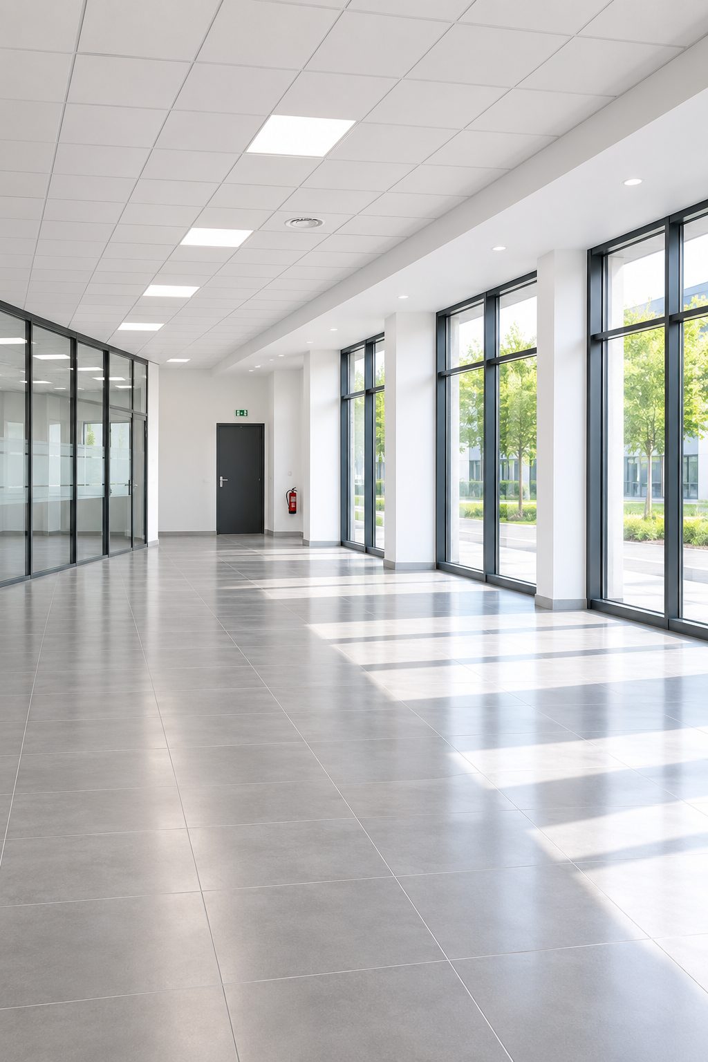 Couloir de bureaux prêt pour la réception, sols traités et cloisons vitrées lavées